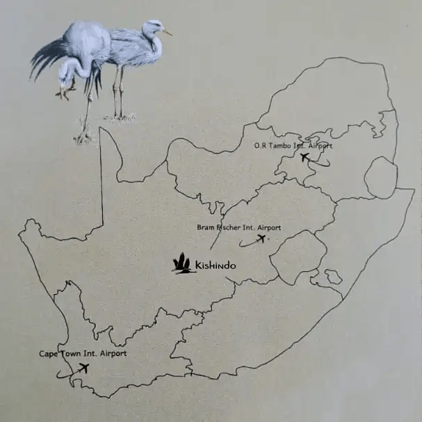 Map of South Africa showing the airports and the location of Kishindo